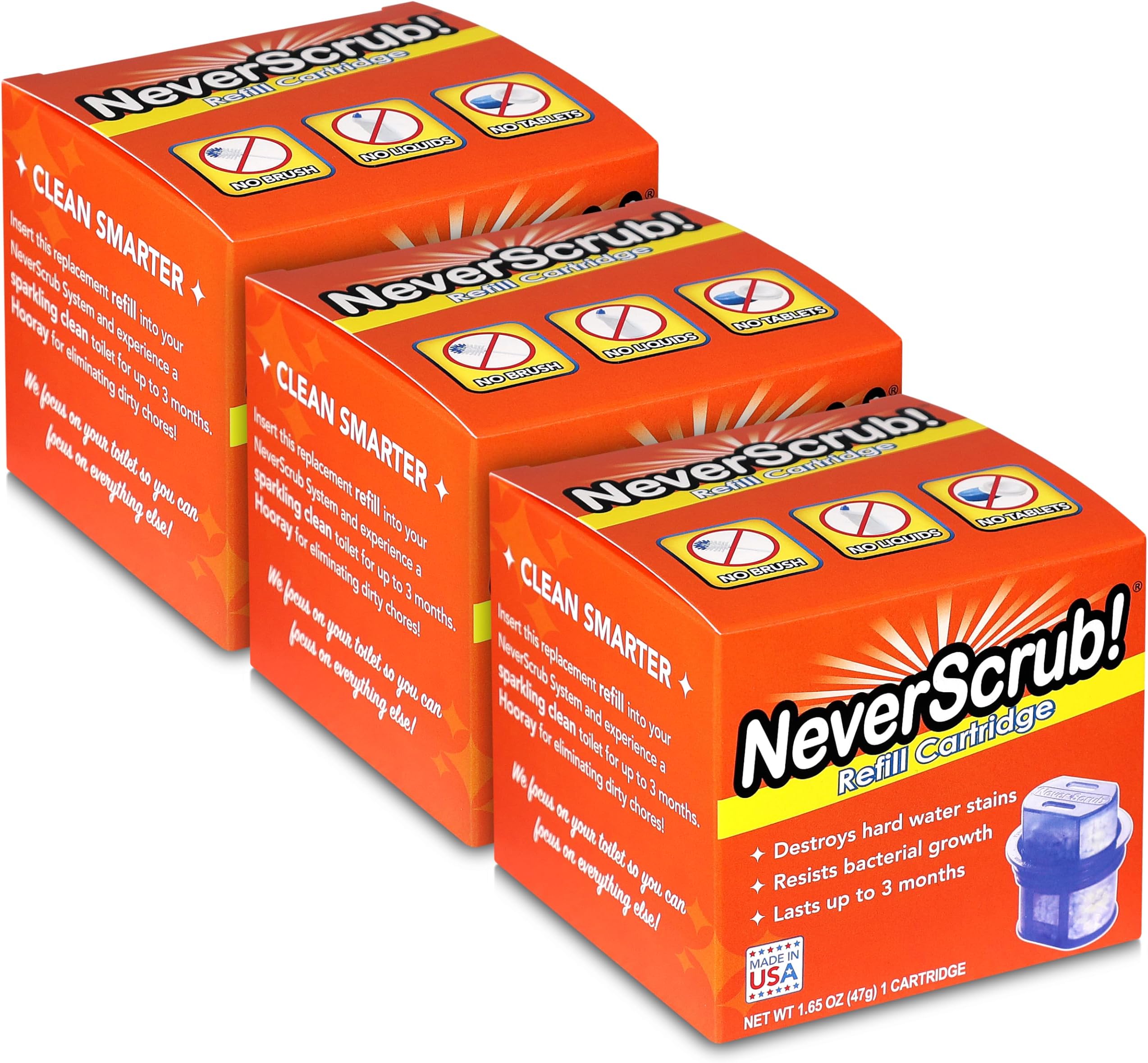 NeverScrub Automatic Toilet Bowl Cleaning System Refill Cartridge 1.65oz (3 Pack)