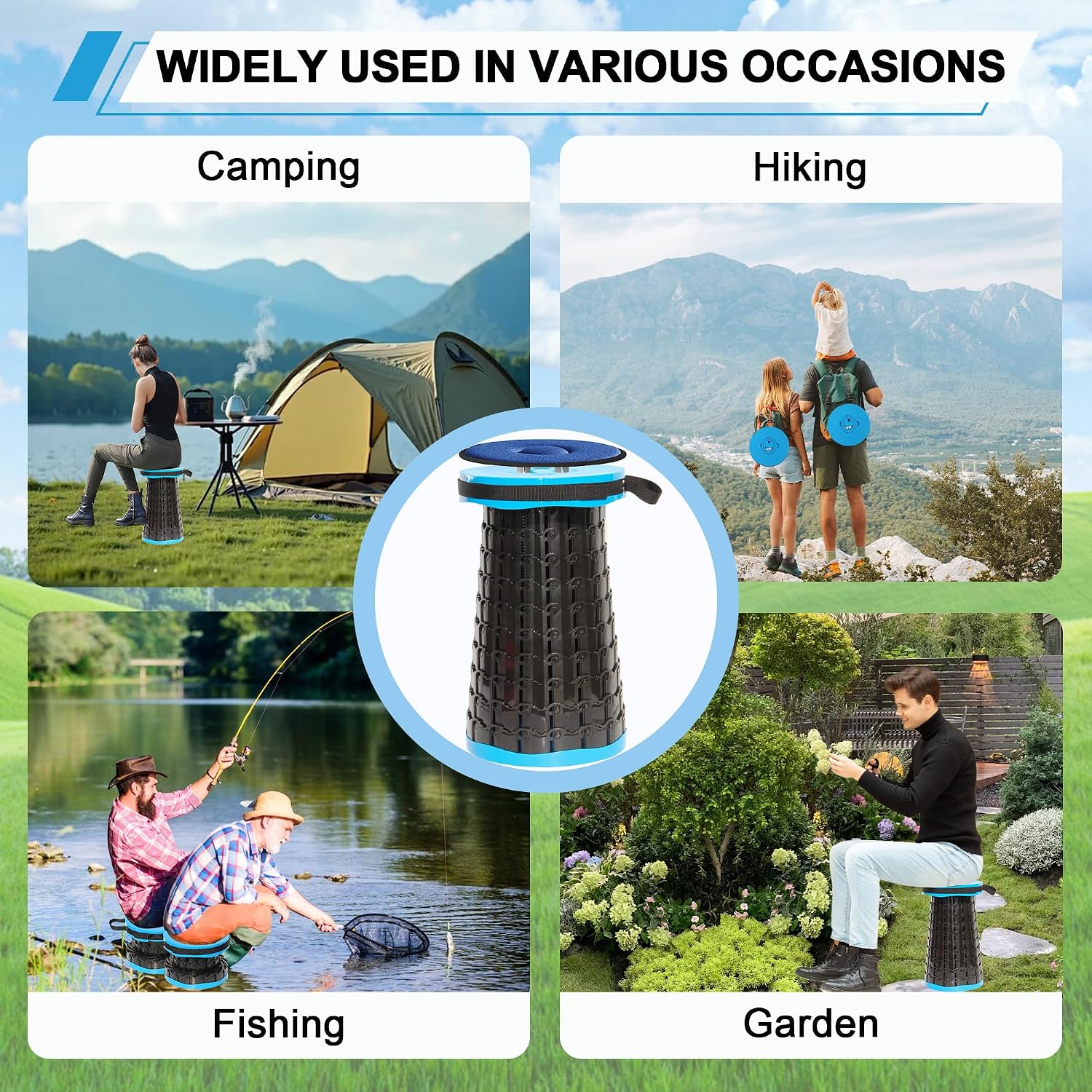 ALEVMOOM 2026 Upgraded XXL 19.7" Collapsible Stool with Cushion, 1000lbs Max Weight Heavy Duty Portable Telescoping Stool, Retractable Seat Folding Chair for Camping Fishing Hiking(Blue-XXL) image 5