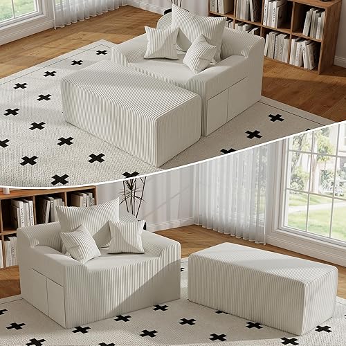 60'' Chaise Lounge Chair Indoor, Oversized Upholstered Sofa Bed, Sleeper Couch Reading Chairs Plush Corduroy Fabric Sofas Couches for Living Room (White)