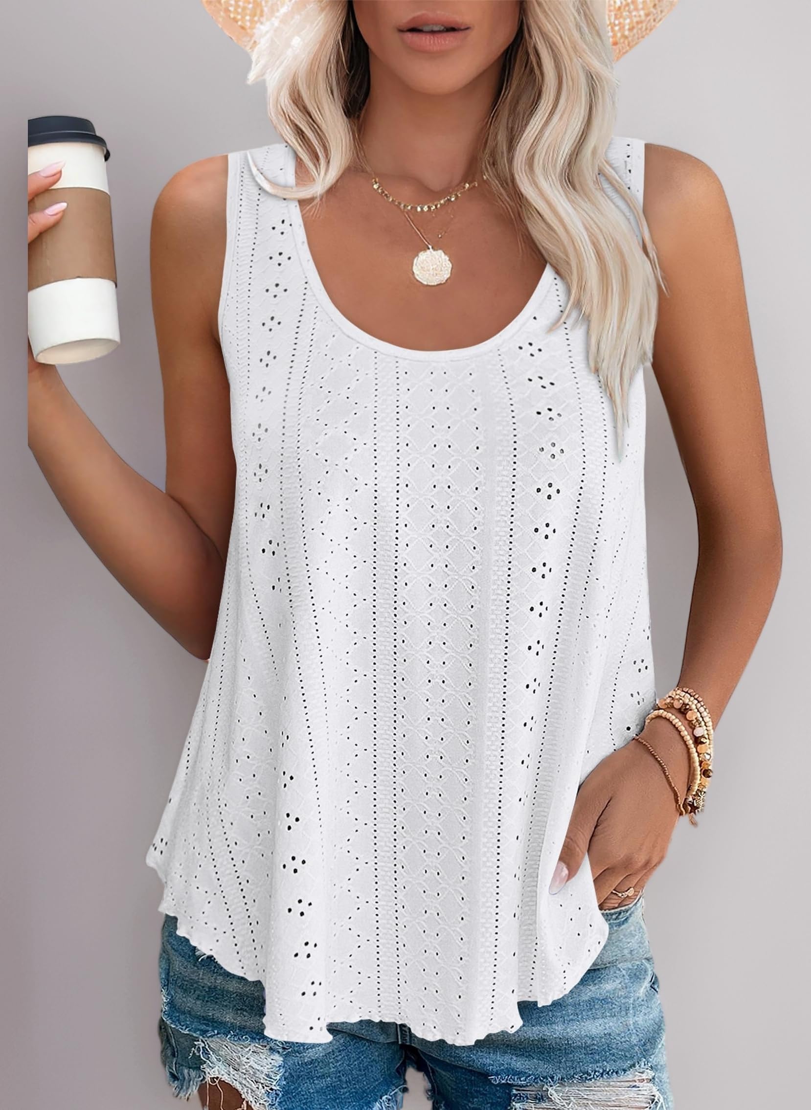 Ladies Tops Vest Scoop Neck Sleeveless Eyelet Embroidery Tank Women Summer Clothes
