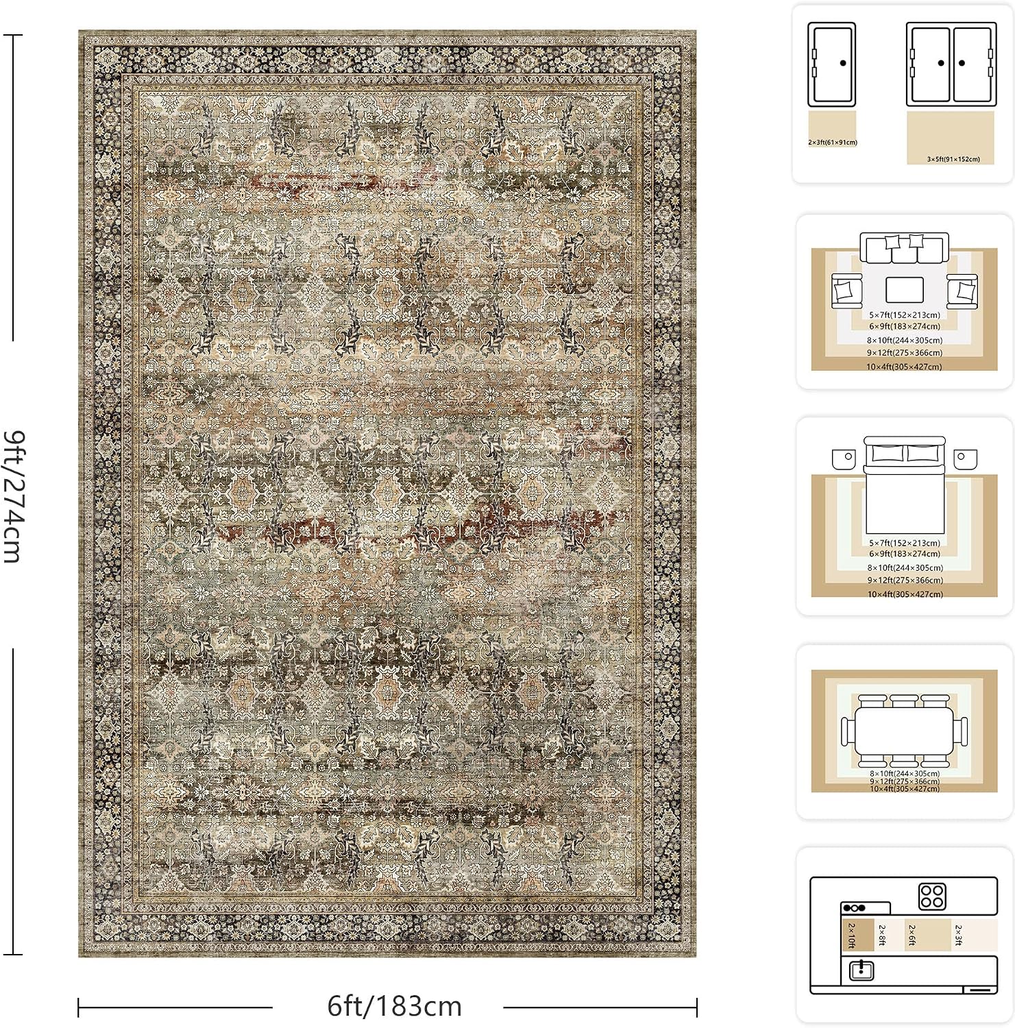 6x9 area rugs - washable vintage retro living room rug, soft ultra thin non slip low pile traditional distressed boho carpet for bedroom dining room nursery home office, charcoal olive 6x9 charcoal / olive