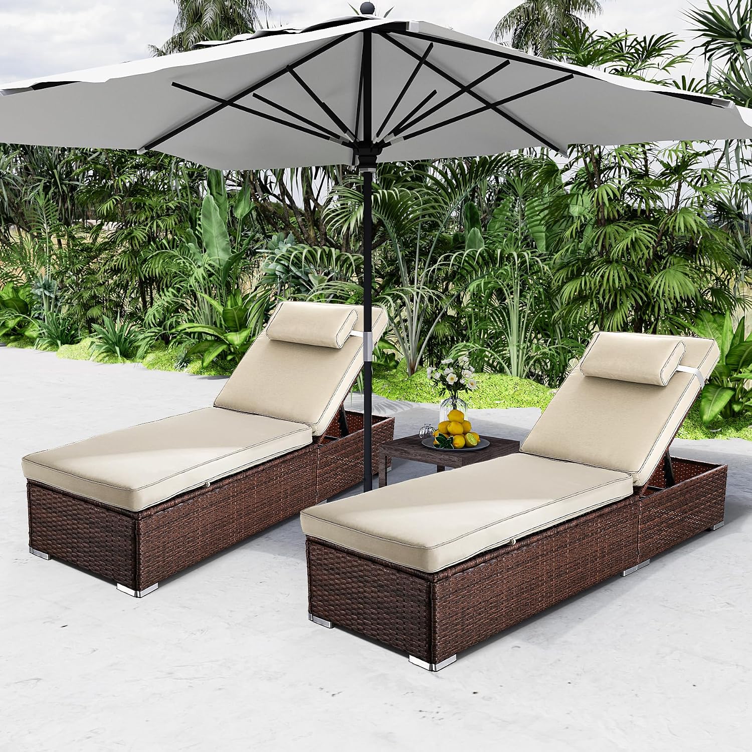 OUYESSIR Chaise Lounge Outdoor Wicker Lounge Chairs for Outside PE Rattan Patio Chairs Pool Loungers Set of 2 for Deck Yard Beach Poolside, with Side Shelf, Adjustable 5 Position, Dark Beige/Brown