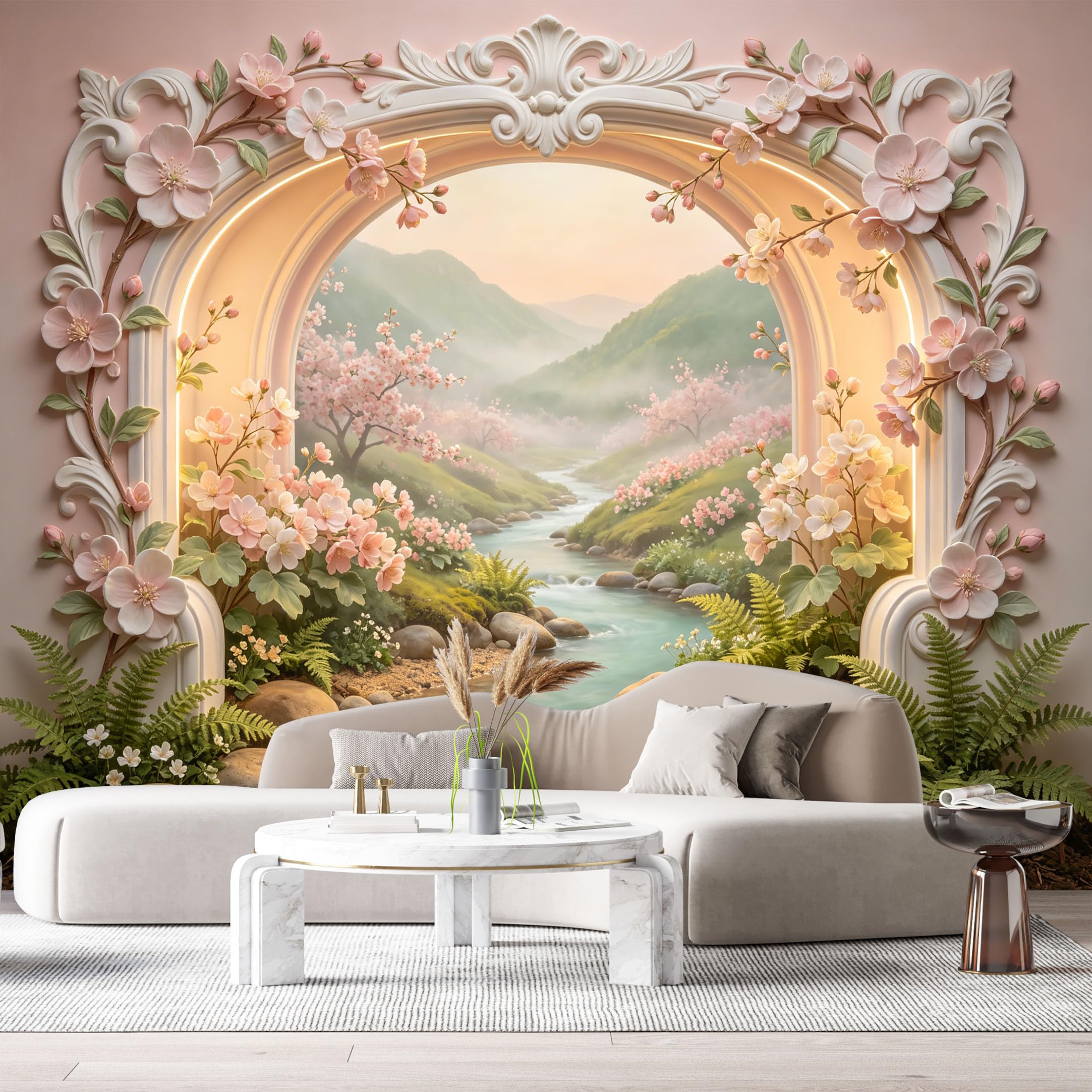 Custom Size Wall Murals Cherry Blossom Archway Mountain River Botanical 3D Trompe L'Oeil SelfAdhesiveWall Fabric Removable Wallpaper Wall Decor for Living Room Bedroom Bathroom