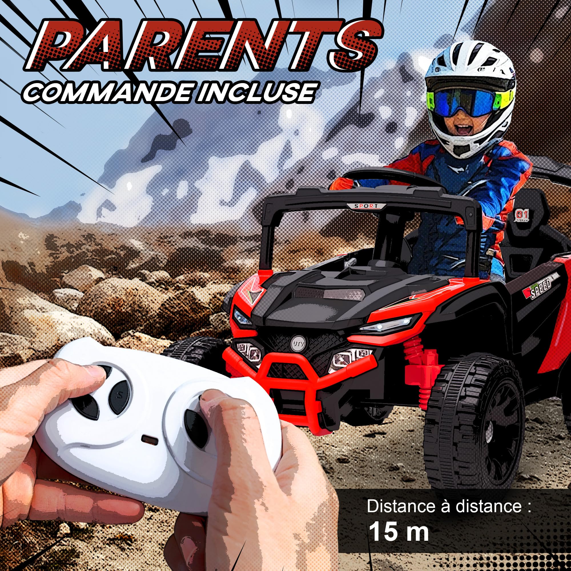 AIYAPLAY Voiture Électrique Enfant UTV, 12 V à 2 Moteurs 3-8 Ans Rouge | Buggy Électrique Enfant, avec Télécommande, Phares LED, Musique et Klaxon
