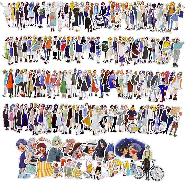 RUIJINSM 150 Pcs Fashion Lovely Girls Stickers Cartoon Girls Stickers Set Scrapbook Decal Journal Dairy Planner Laptops Phone Case Water Bottle Paper Sticker (Black+White)