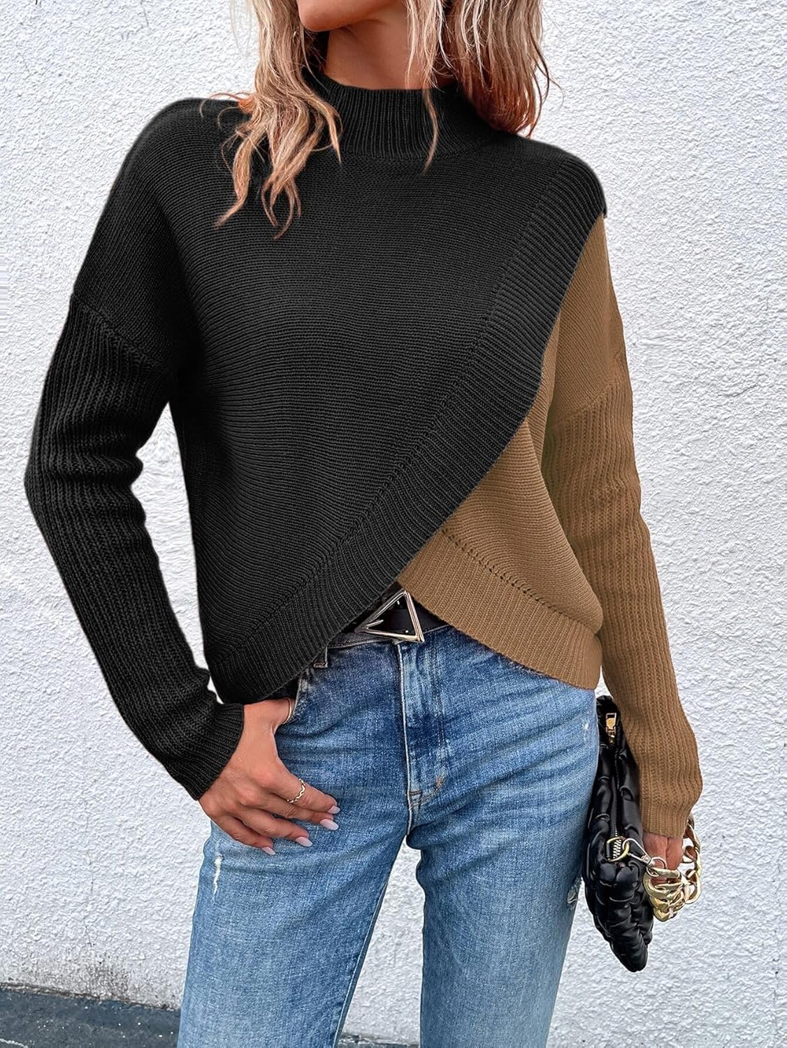 MARZXIN Womens 2025 Fall Casual Sweater Long Sleeve Turtleneck Color Block Pullover Knit Sweater - Image 5