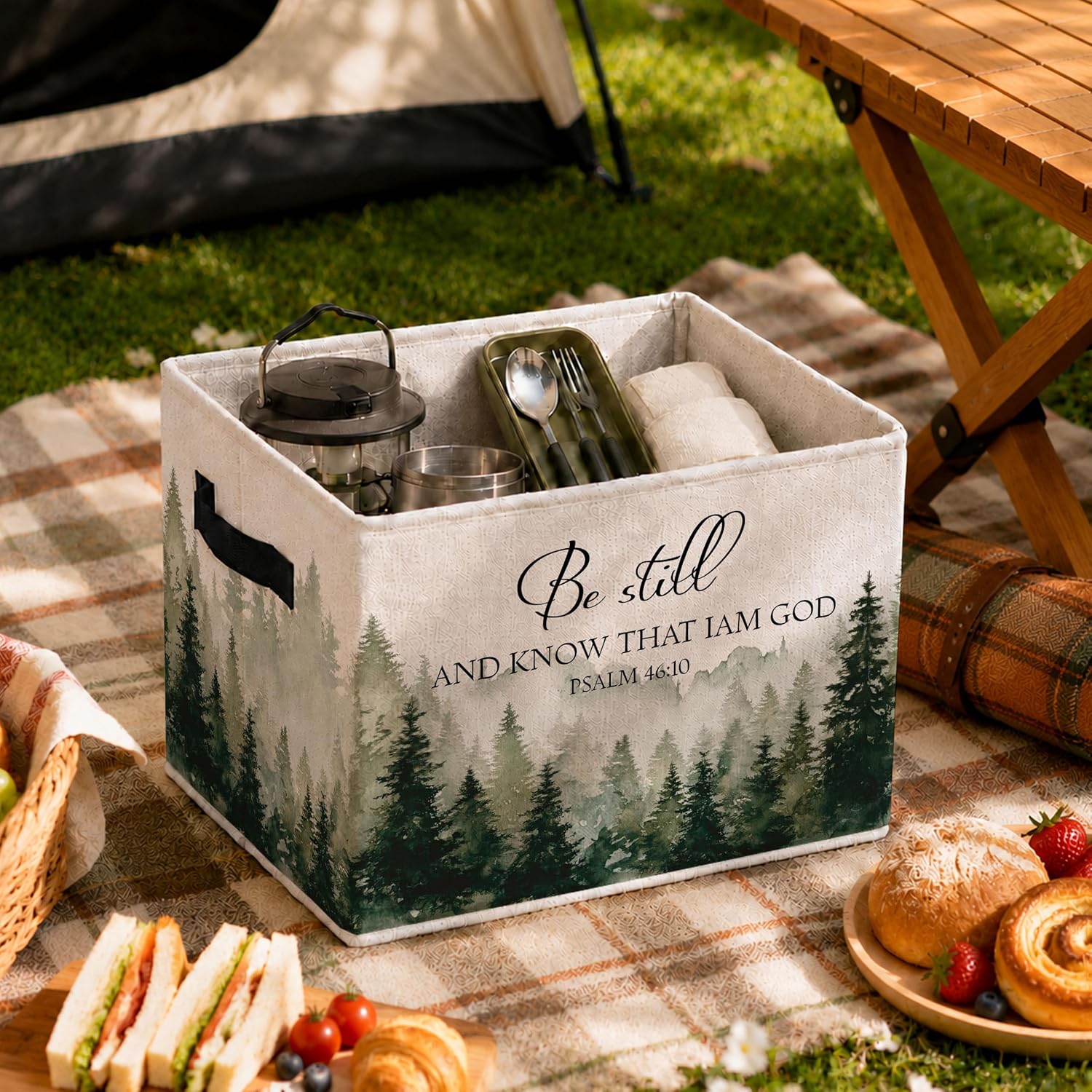 Forest Christian Storage Bins Box, Be Still and Know That I Am God Bible Verse Foldable Storage Organizer Basket with Handles for Bedroom Bathroom Home Clothes Toys Books image 4