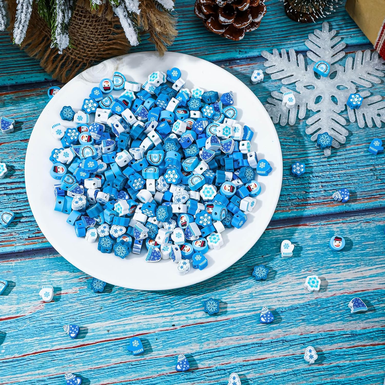 Augshy 300Pcs Winter Beads for Jewelry Making, Winter Blue Polymer Clay Beads Holiday Snowflake Snowman Craft Bead for Bracelets Necklaces Earrings Making Supplies - Image 3