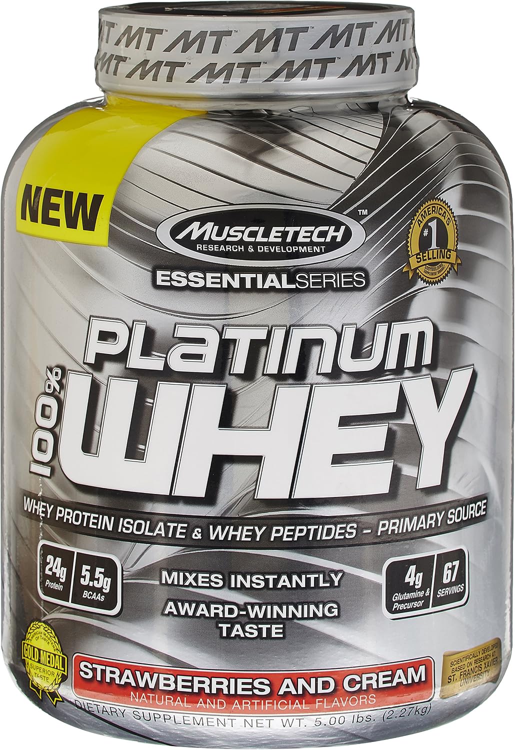 MuscleTech Platinum 100% Whey Protein Powder, Strawberries and Cream, 5.0 lbs (2.27kg)