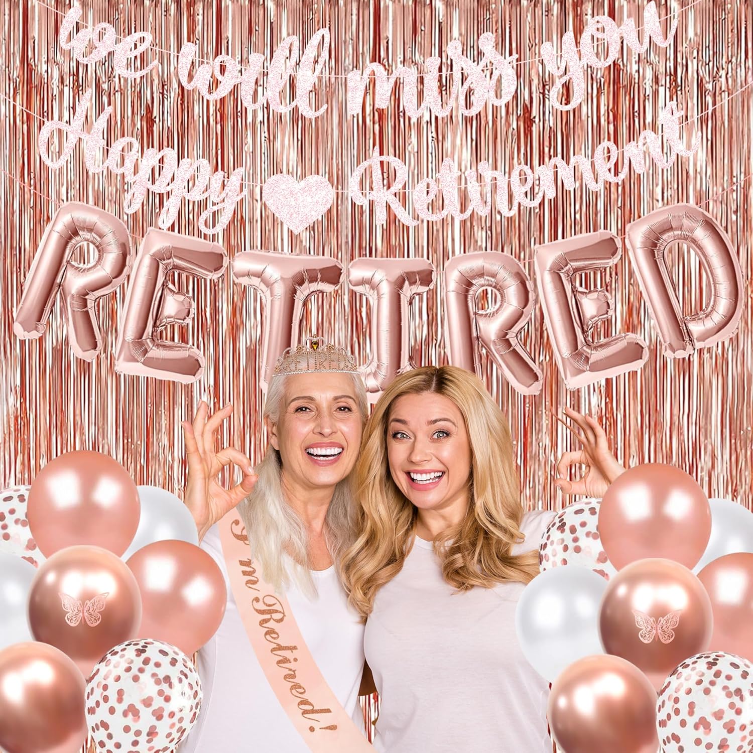 Holkcog Happy Retirement & We Will Miss You Party Decorations, Rose Gold Retirement Decor for Coworker, Retired Crown and Sash, Banner, Balloons, Farewell Party Set, Office Retired Party Supply