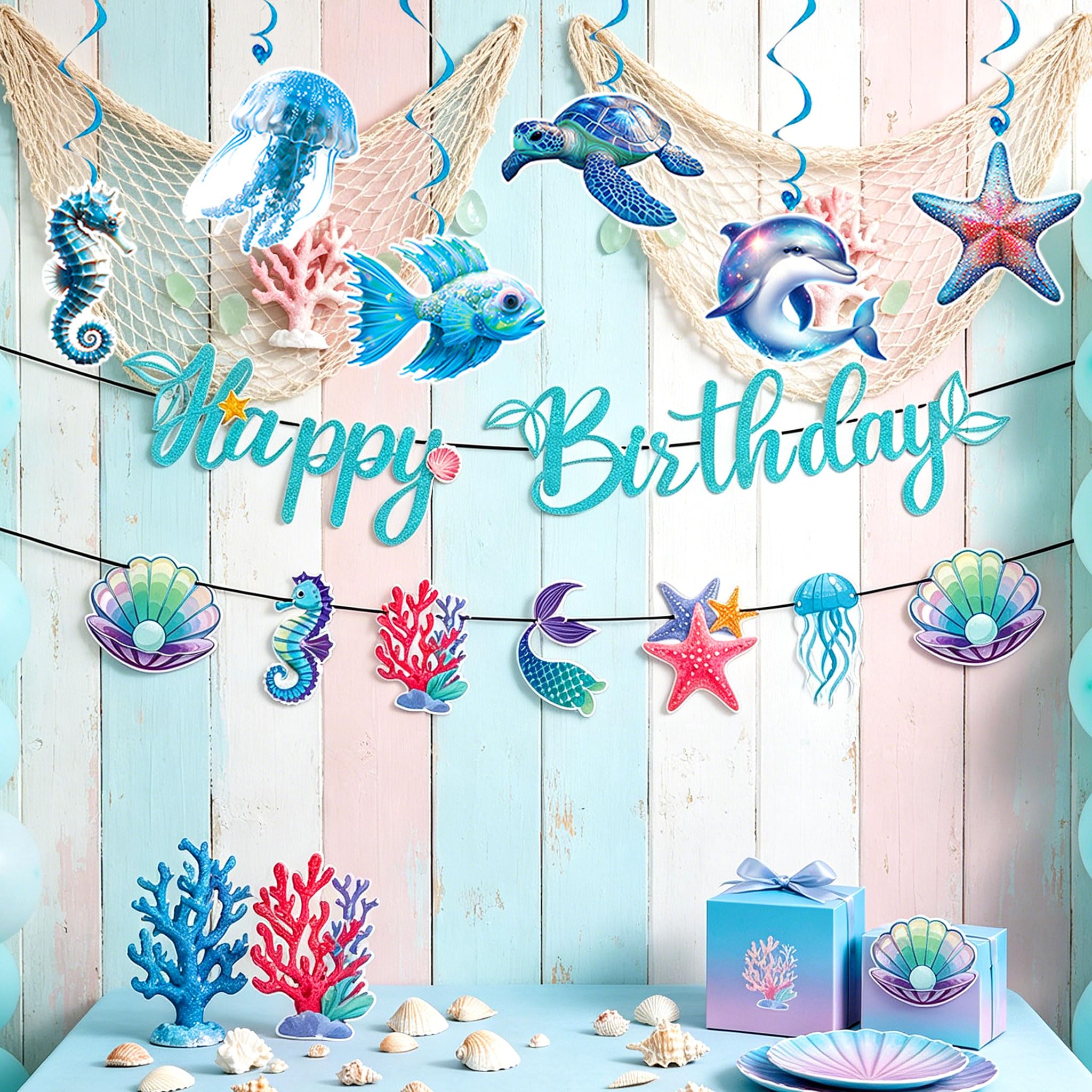 Ocean Banner Under the Sea Birthday Decorations Mermaid Whale Swirl Garland Ocean Animal Decor Under the Sea Beach Birthday Party Supplies