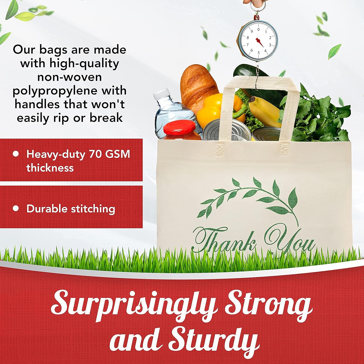 50 Pack Reusable Thank You-Have a Nice Day Eco-Friendly Grocery Shopping Bags 14.5"x14"x6.6" Durable, Recyclable Shopping Bags for Customers Washable, Foldable, Portable Tote Bags