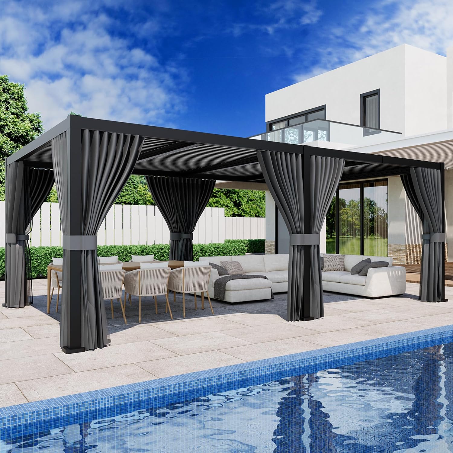 SUNBURY Louvered Pergola 12'X 24', Aluminum Outdoor Pergola with 4 Adjustable Roof, Waterproof & Rustproof Patio Shade Cover, Curtains and Nets, Sun Shade for Patio, Garden, Deck and Backyard, Black
