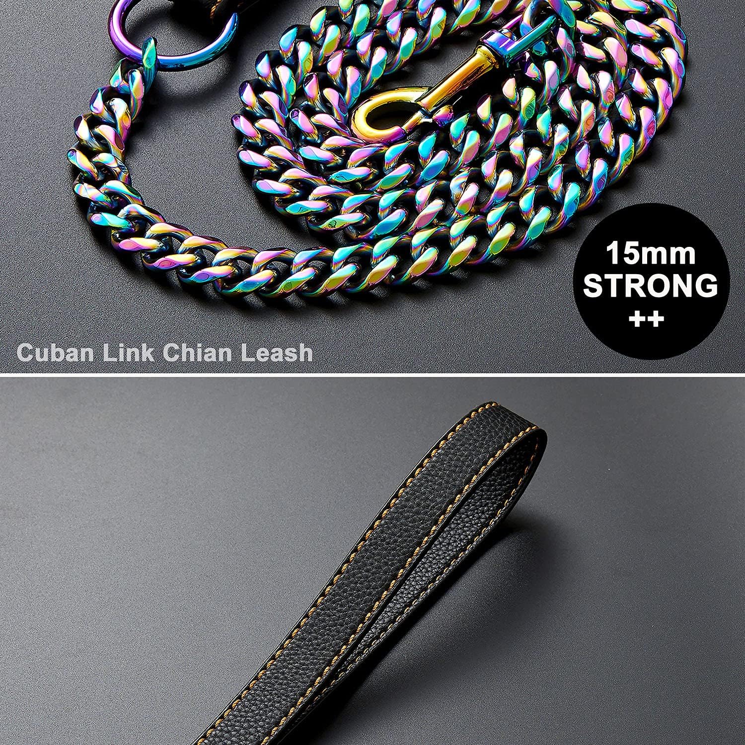 txprodogchains Chain Leash for Medium Large Dogs - Heavy Duty, Stainless Steel, Multicolored with Leather Padded Handle (3.5FT)