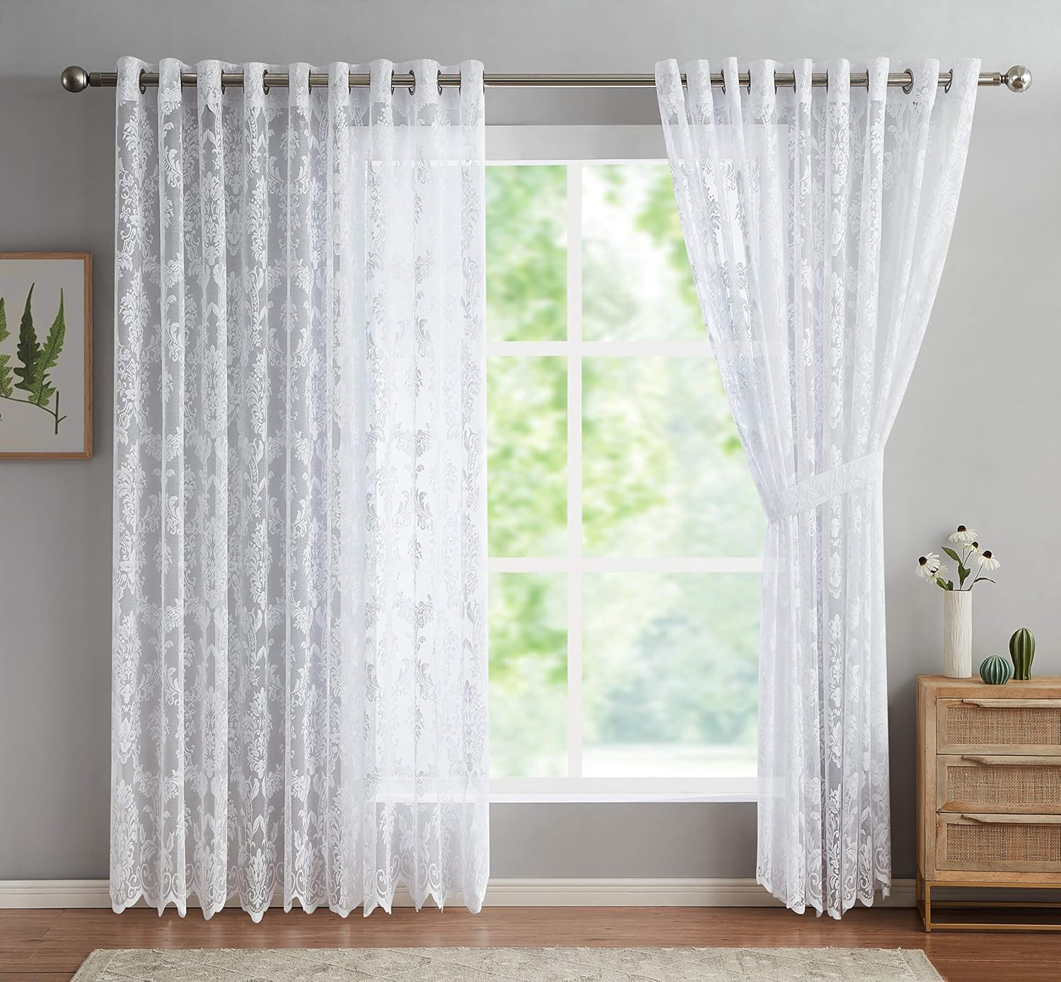 LINENZONE 2 Elegant Linen Knitted Lace Wall-to-Wall Curtain Panels with Scalloped Bottom and 2 Tiebacks. Elegant Floor to Ceiling Room Dividers for Extra Large Room or Windows. (Lisa 108 x 100, Linen)