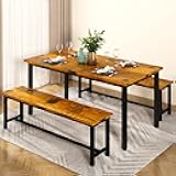 Lamerge Kitchen Table Set with 2 Benches 4 Person Dining Room Table Set for Home Kitchen, Dining Room, Restaurant, Space Saving, 47.2inch Table and 41.3inch Bench, Industrial Brown,CZ-01