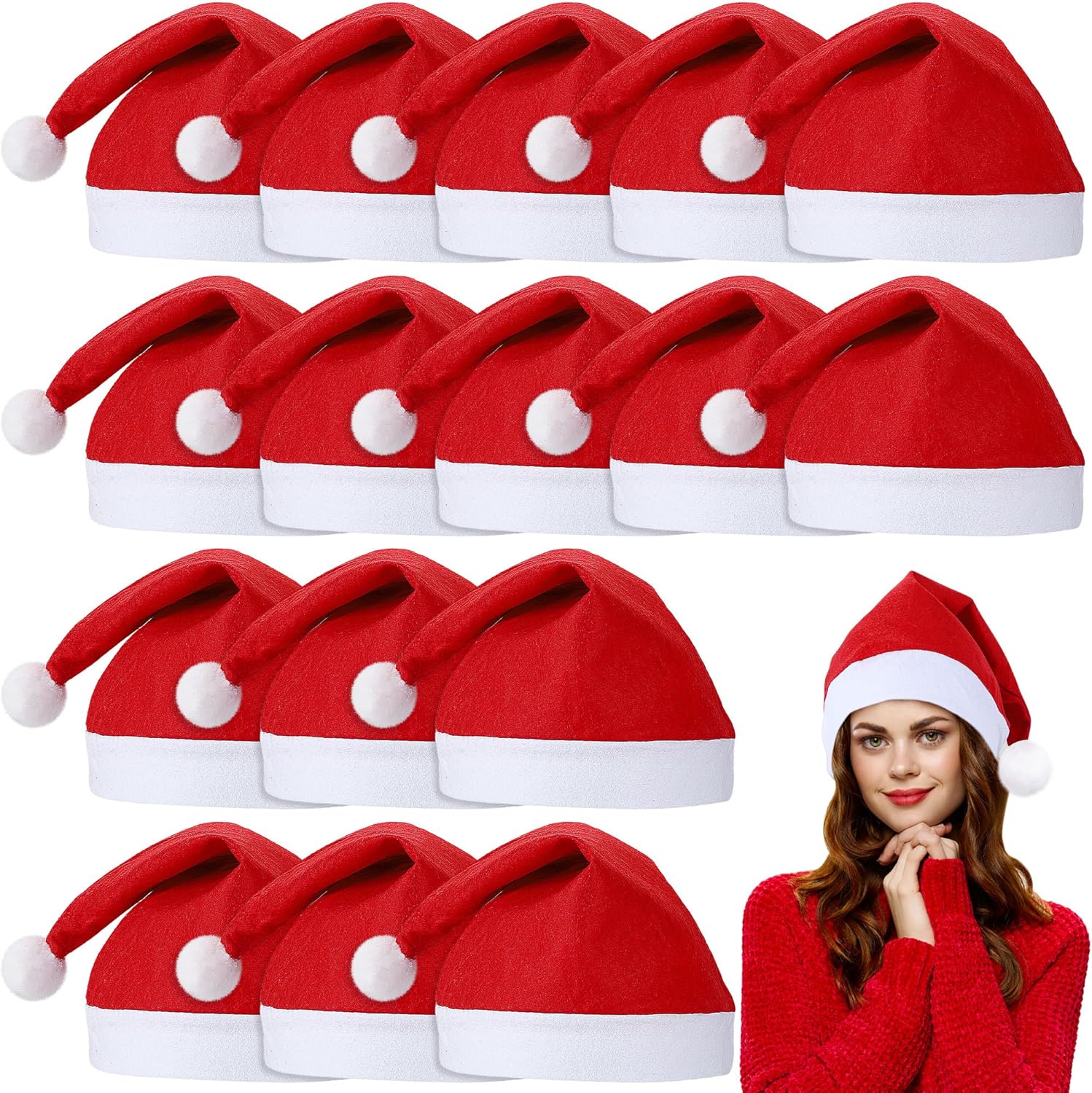Aneco 16 Pack Christmas Hats - Red and White Santa Hats with White Cuffs - Non-woven Fabric for Holiday Event Red 16