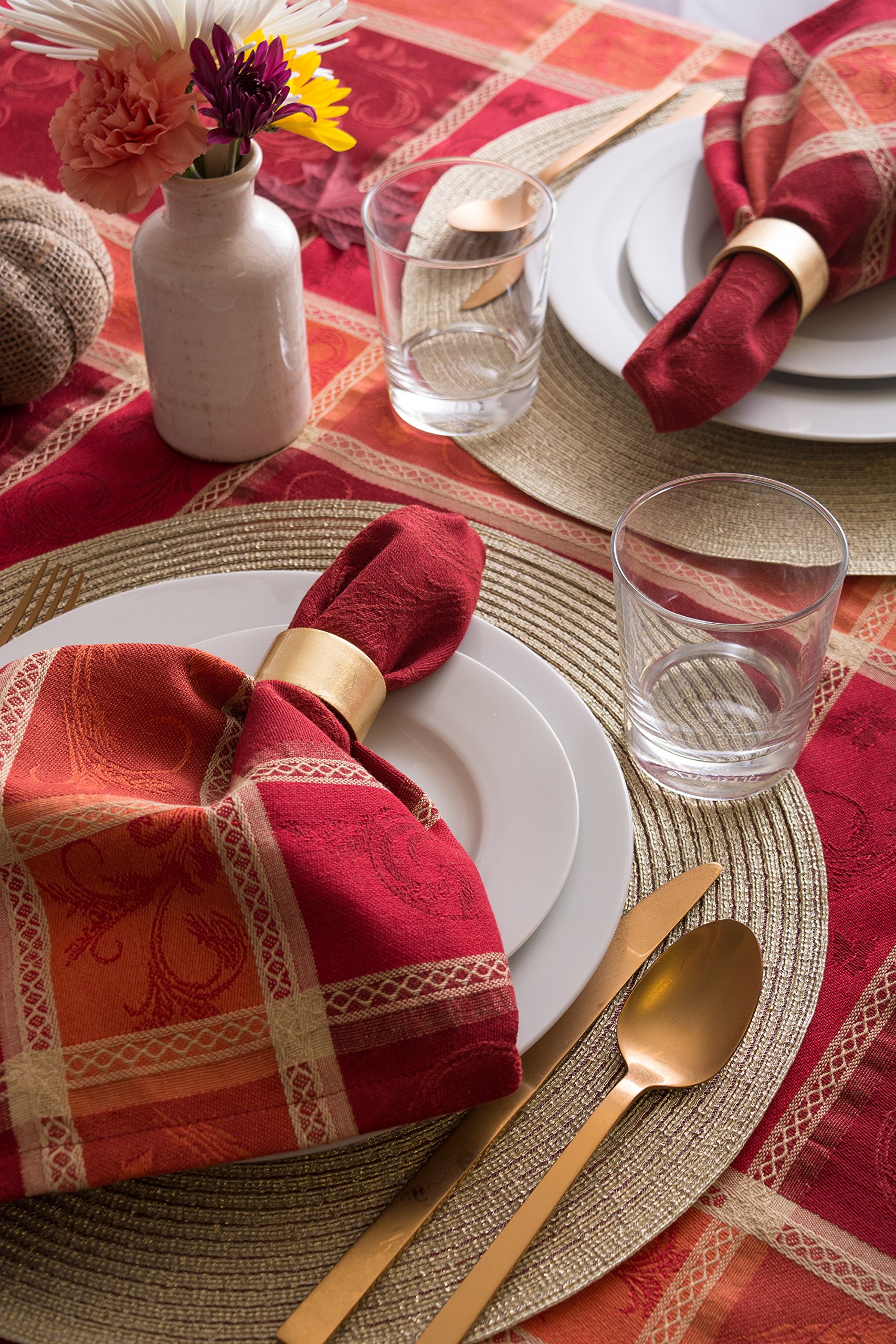DII Traditional Harvest Nappe Ronde en Coton damassé Collection Jacquard Collection Thanksgiving Décoration de Table d'automne 177,8 cm Orange brûlé