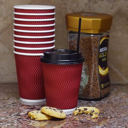 Miniatura 2 de NYHI Paquete de 100 vasos de papel rojo de 10 onzas con tapas negras, tazas de café, desechables, sin BPA, aisladas, onduladas, vasos de papel kraft