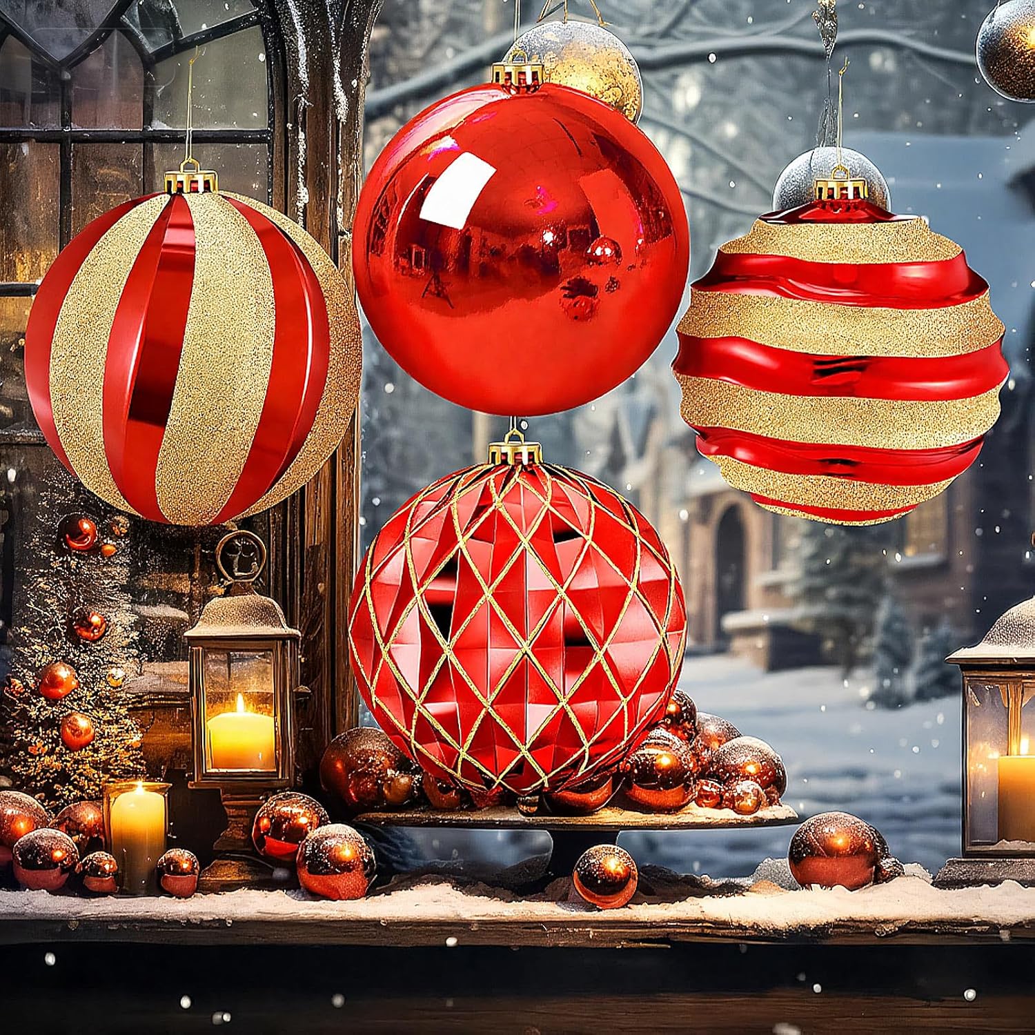 Jenaai 6 Inch Red and Gold Christmas Ball Ornaments 4 Pcs Large Glitter Texture Christmas Ball Decor Big Extra Large Shatterproof Hanging Ornaments for Xmas Tree Stairway Railings