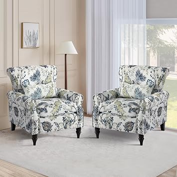 Oversized Floral Accent Chair Set of 2, Upholstered Living Room Armchair with Wooden Legs, Comfy Reading Lounge Chair for Bedroom, Home, Office Blue & White Floral