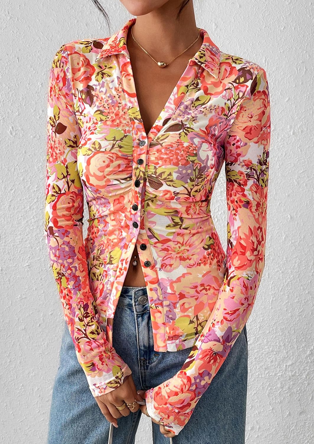 PRETTYGARDEN Women Button Down Floral Shirts 2026 Fall Trendy Long Sleeve V Neck Mesh Boho Blouse Spring Tops Date Outfits - Image 6
