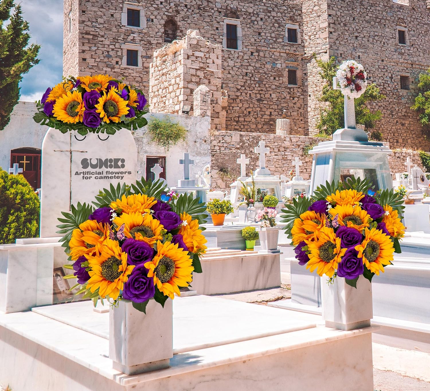 SUHOOKOO Cemetery Flowers with Vase for Grave Decor, Silk Sunflower Rose Headstone Flower,Tombstone Flower - Bright and Colorfast,Purple/Yellow