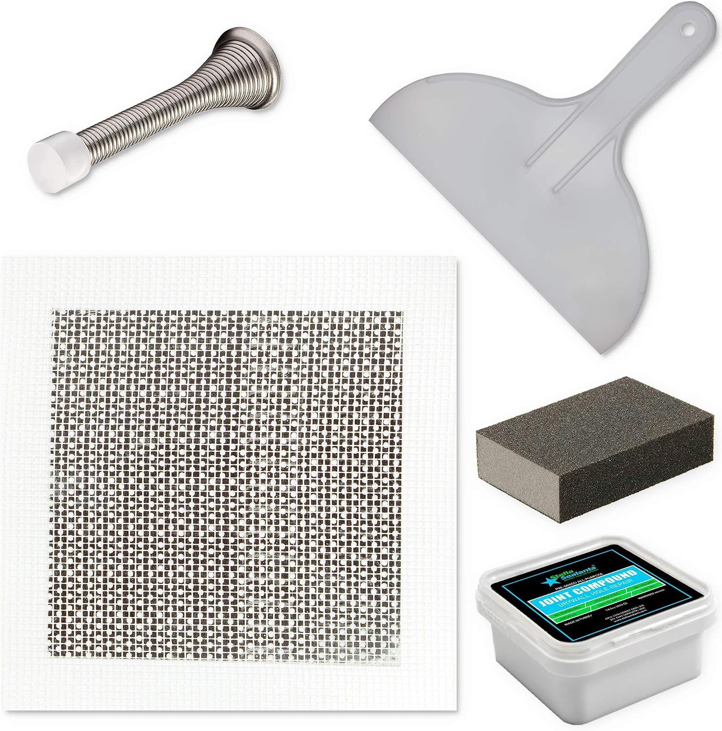 Stella Drywall Repair Patch Kit 6"x6" with Self-Adhesive Metal Patch, Joint Compound, Putty Knife, Sanding Pad and Door Stopper