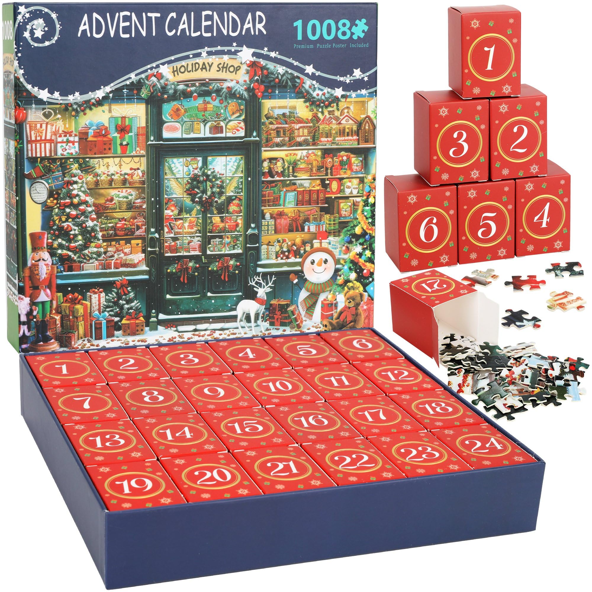 Advent Calendar Jigsaw Puzzles for Adults Kids 2024, 24 Boxes Xmas Countdown Calendar Puzzle 1008 Pieces, Christmas Shop Christmas Advent Calendar Puzzles Gift for Home Decor Family Game