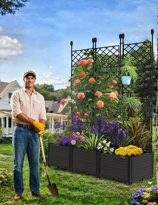 3 PCS Plastic Plant Box with Metal Trellis, Raised Garden Bed with Trellis Planter for Climbing Plant Outdoor Raised Box Privacy Screen for Patio Balcony,Planter Box for Backyard Patio by Hipicute - Image 7