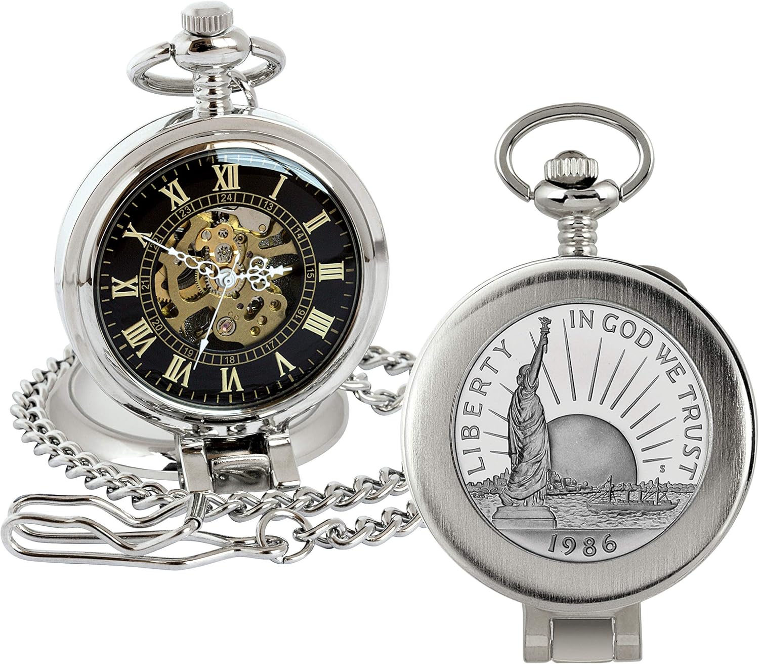 American Coin Treasures U.S. Coin Pocket Watch with Skeleton Movement | Statue of Liberty Commemorative Half Dollar | Sweeping Second Hand, Magnifying Glass | Certificate of Authenticity
