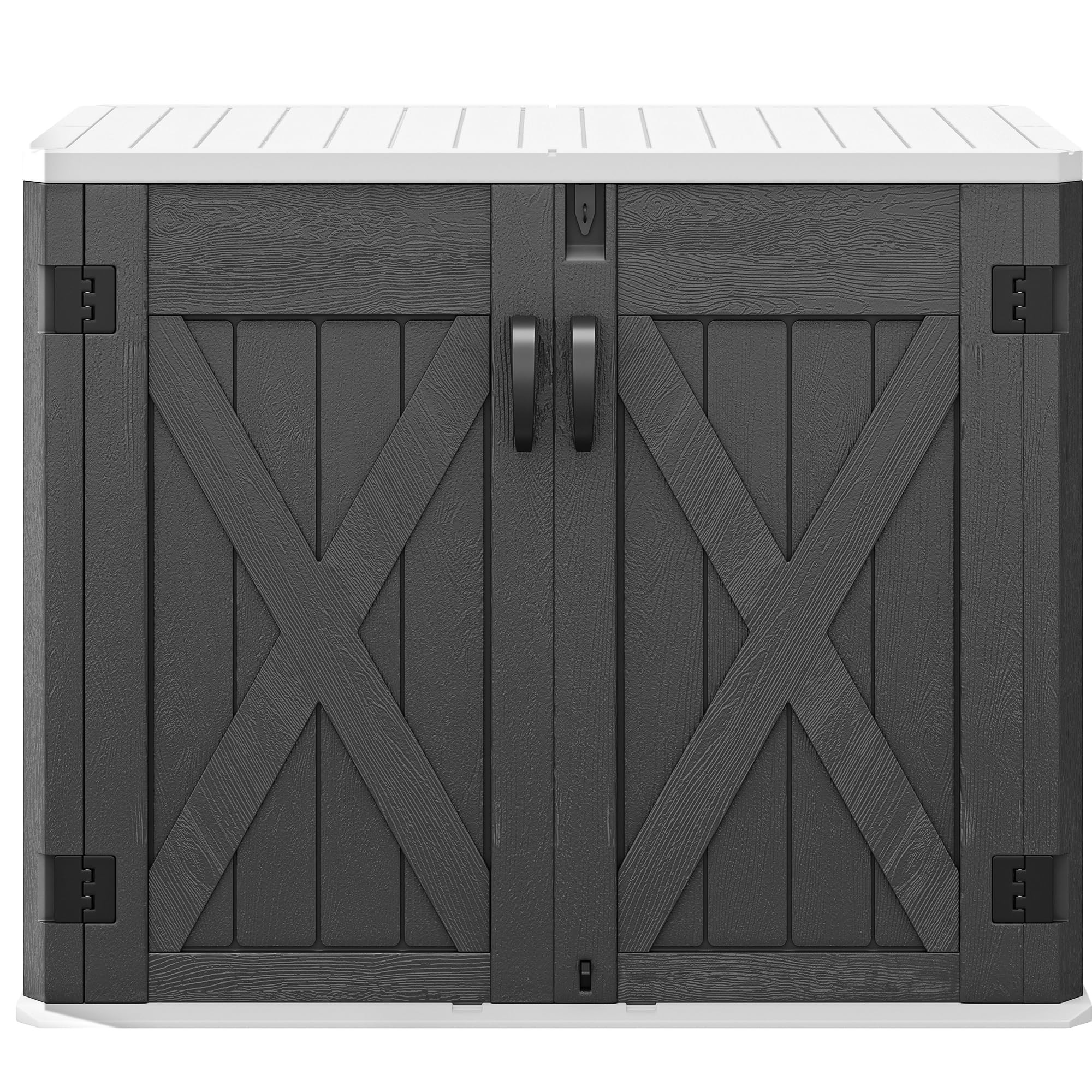 DWVO 35 Cu Ft Storage Shed with Unique X-Shaped Lockable Door, Outdoor Weatherproof Resin Shed Without Shelf for Waste Bins, Bicycles, Gardening & Lawn Equipment, Dark Gray