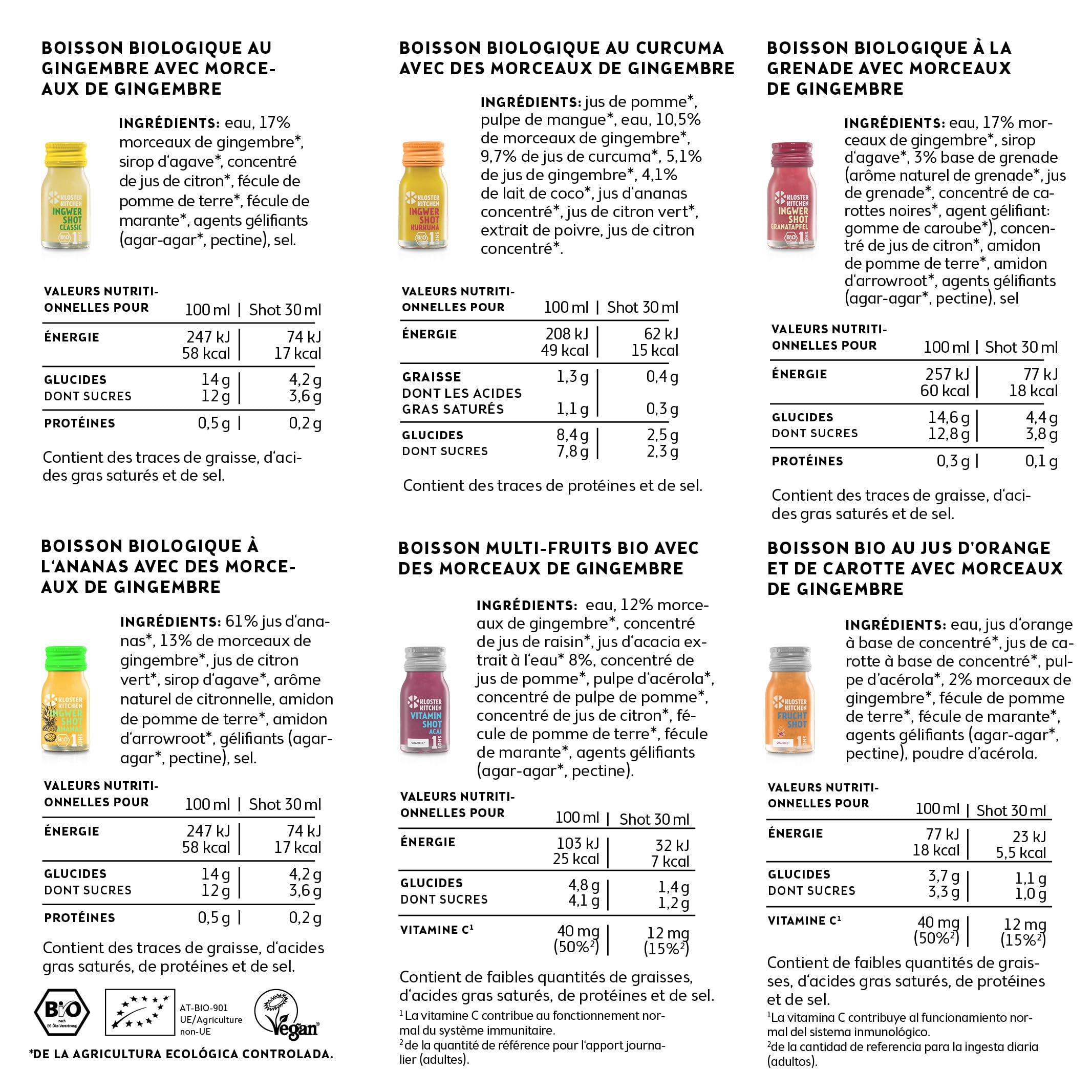 Kloster Kitchen Lot de 14 shots de gingembre bio 1SHOT - 14 x 30 ml - Avec véritables morceaux de gingembre - Végétalien dans une bouteille en verre à emporter - Doux et épicé - Sans additifs et avec