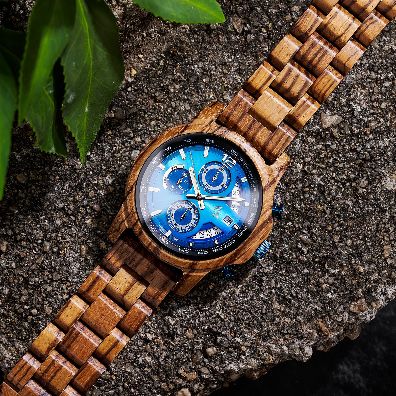 2win Reloj de madera grabado para hombre, esfera azul de cebra, reloj cronógrafo para marido, aniversario, cumpleaños, Navidad, día de San Valentín, regalo de esposa