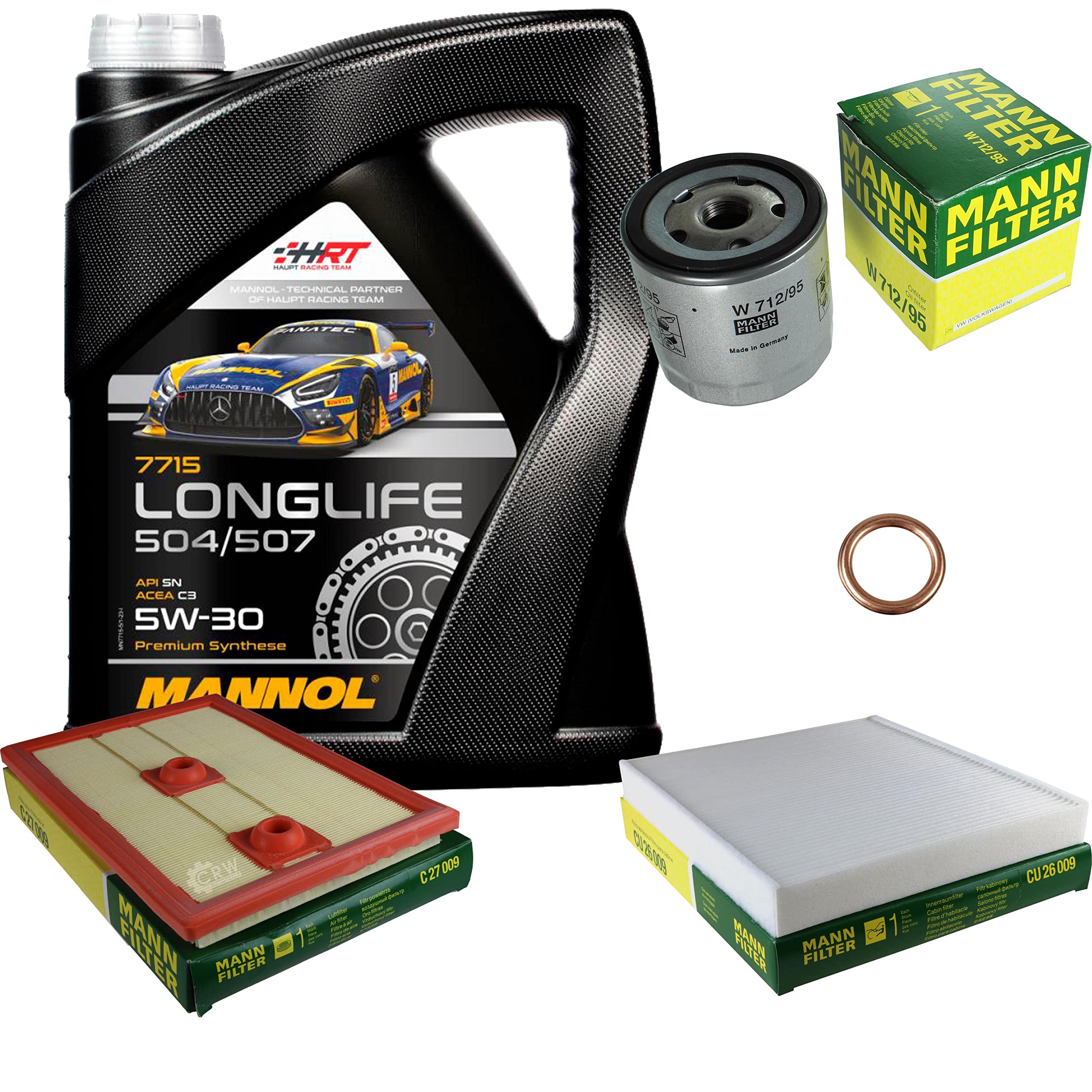 Filter Set Inspektionspaket erstellt mit 5 L Motoröl MANNOL Longlife 504/507 5W-30, MANN-FILTER Ölfilter, Luftfilter, Innenraumfilter, Dichtring