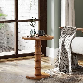 COZAYH Solid Cedar Pedestal End Table with Turned Wood Base, Round Wooden Side Table, Small Space Accent Table for Living Room or Entryway, Warm Natural