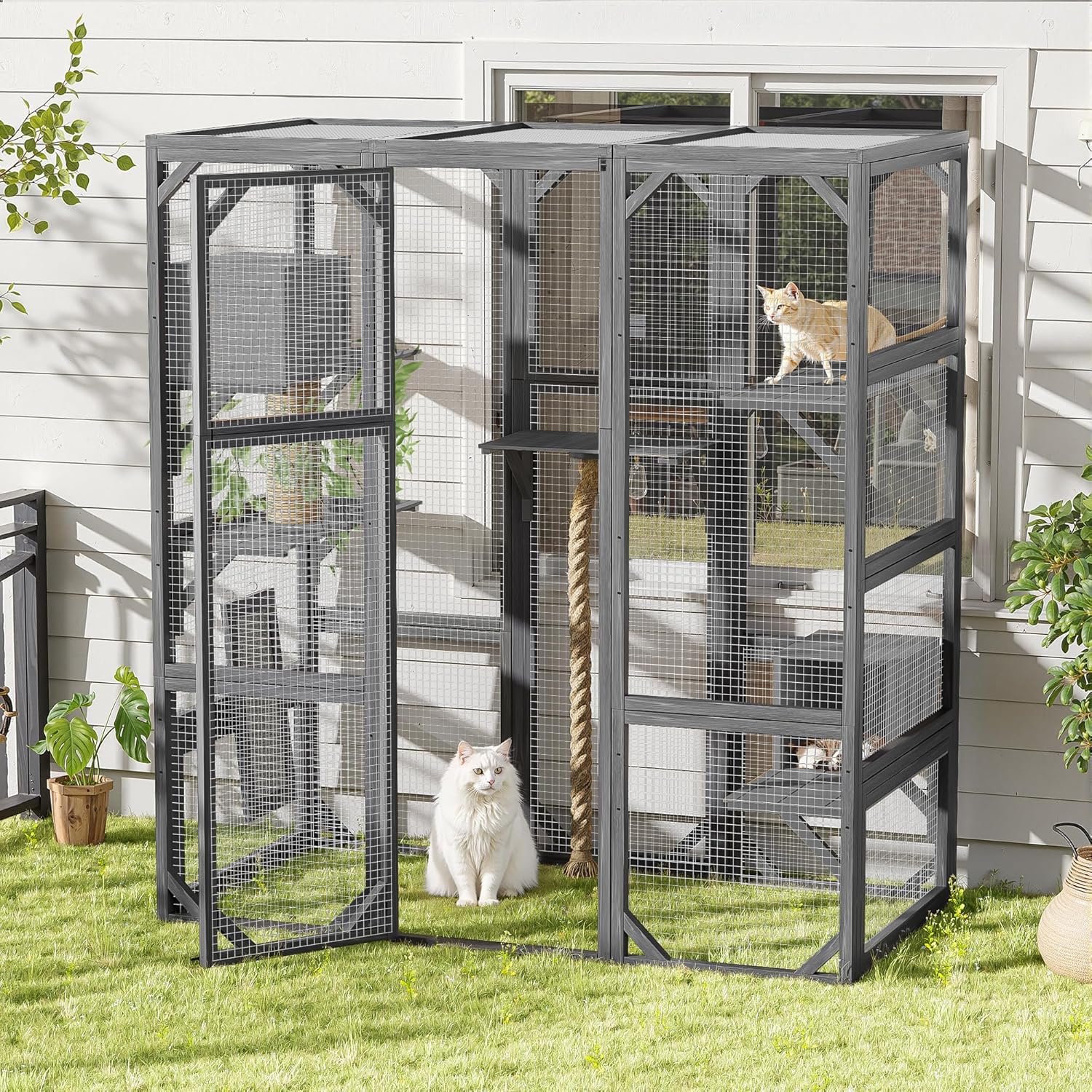 Outdoor Cat Window Box, Wooden Catio House Enclosure with Double Enter Doors, Balcony Cat Playpen with Platforms and Two Condos for 1-3 Cats, Dark Grey