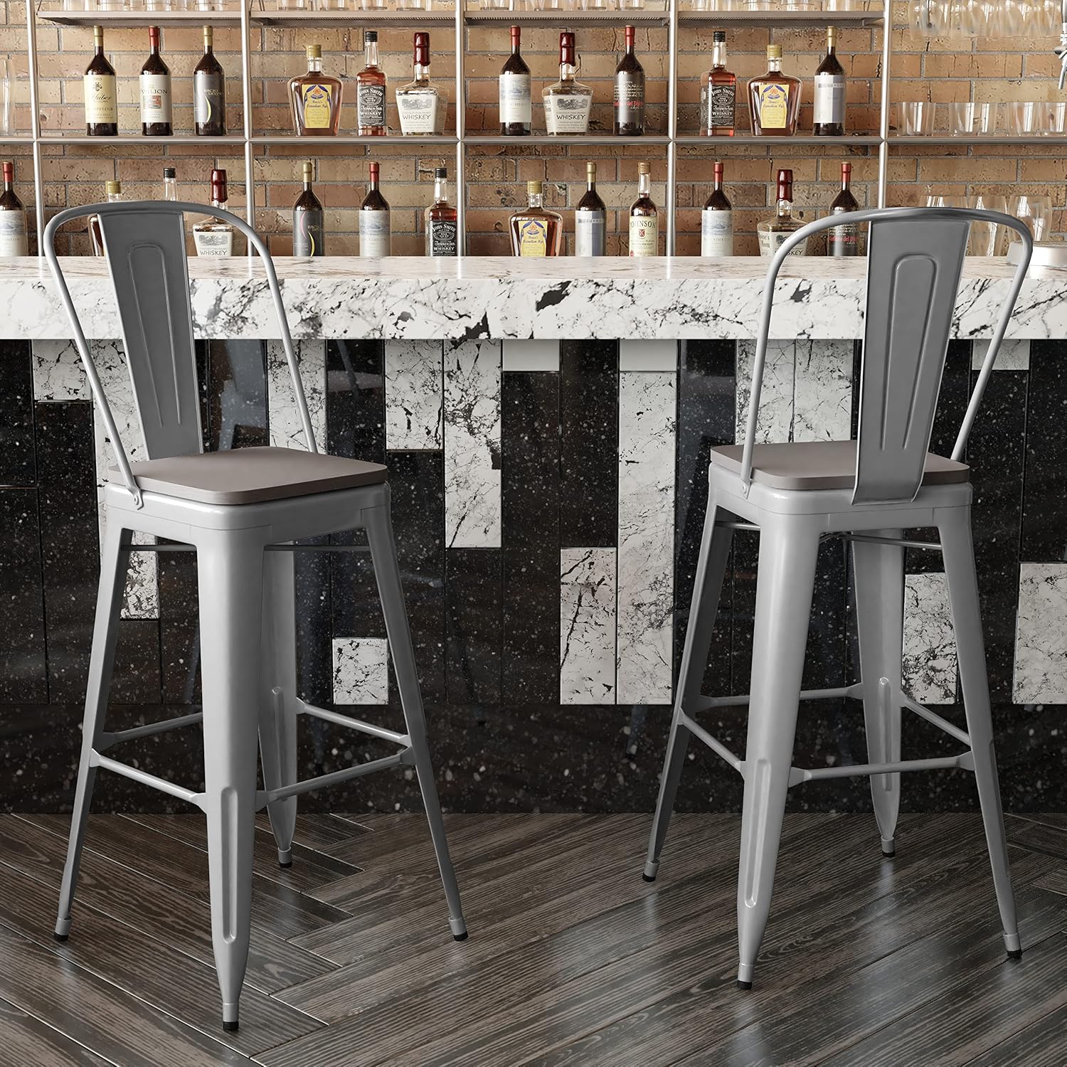 EMMA + OLIVER Kam 30" High Bar Stool - Silver Metal Frame - Gray Polyresin Seat - Removable Backrest - for Indoor/Outdoor Use