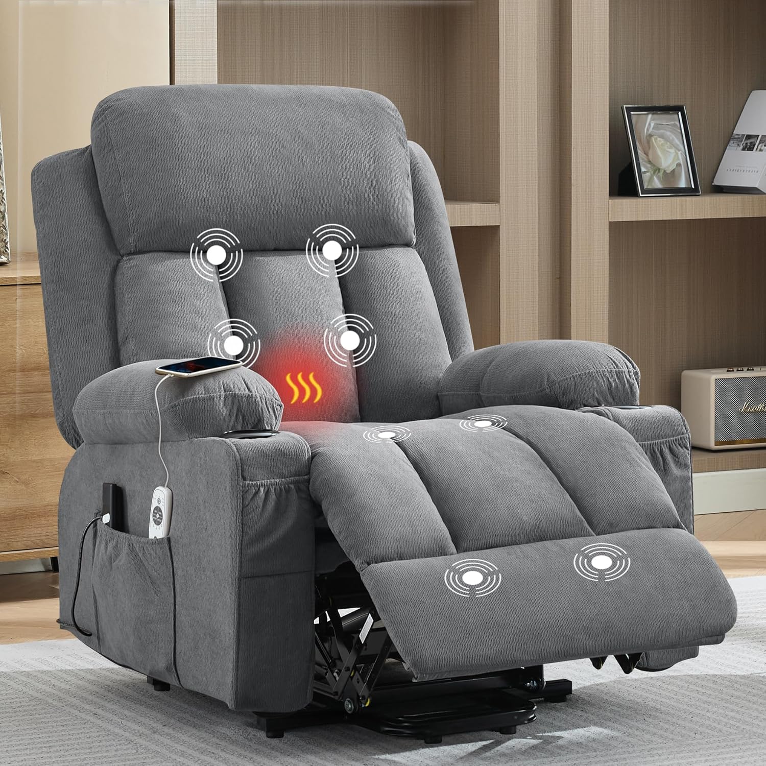 Power Lift Recliner Chair for Elderly with Vibration Massage and Lumbar Heating Electric Oversized Single Sofa with Cup Holder and USB Charge Port for Living Room