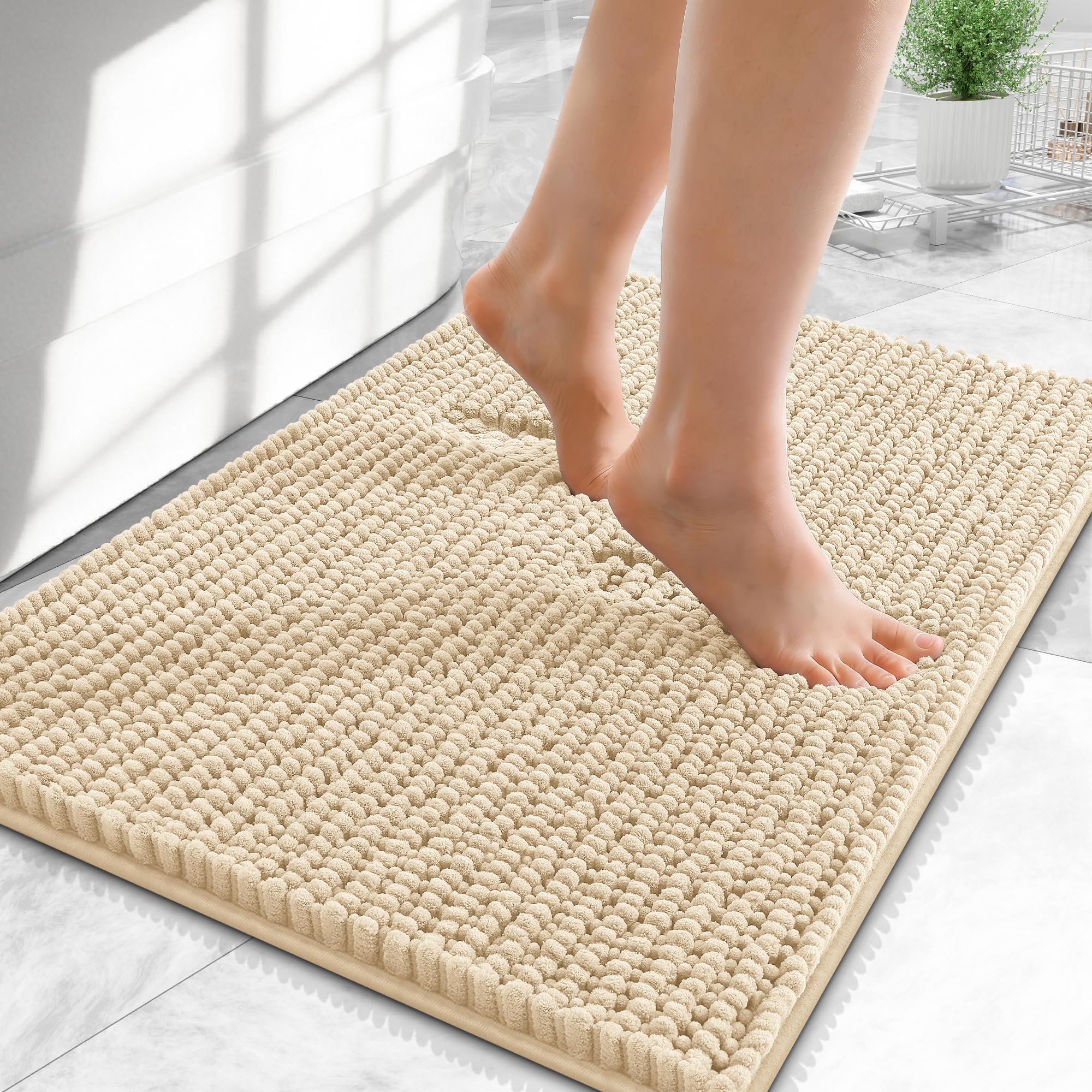 OLANLY Thick Chenille Small Bathroom Rugs 24x16, Absorbent Bath Mat, Beige