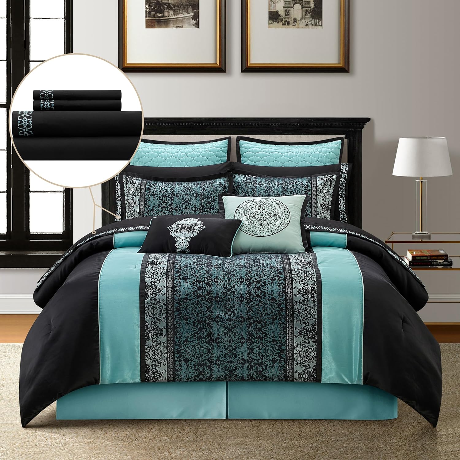 Grand Avenue 7 Piece Grey Comforter Set King Size, Damask Jacquard Home Decor, Matcking Bed Skirt,Decorative Pillows & Shams, Suitable for All Season