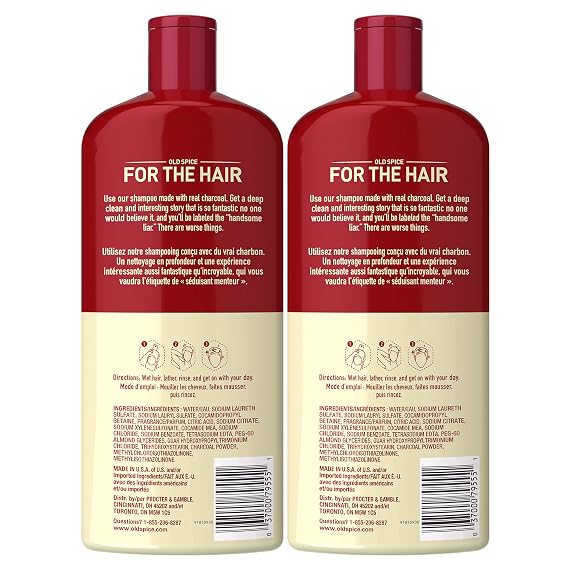Old Spice Shampoo for Men, Charcoal Build-Up Removing, Volcano, 25.3 fl oz, Twin Pack