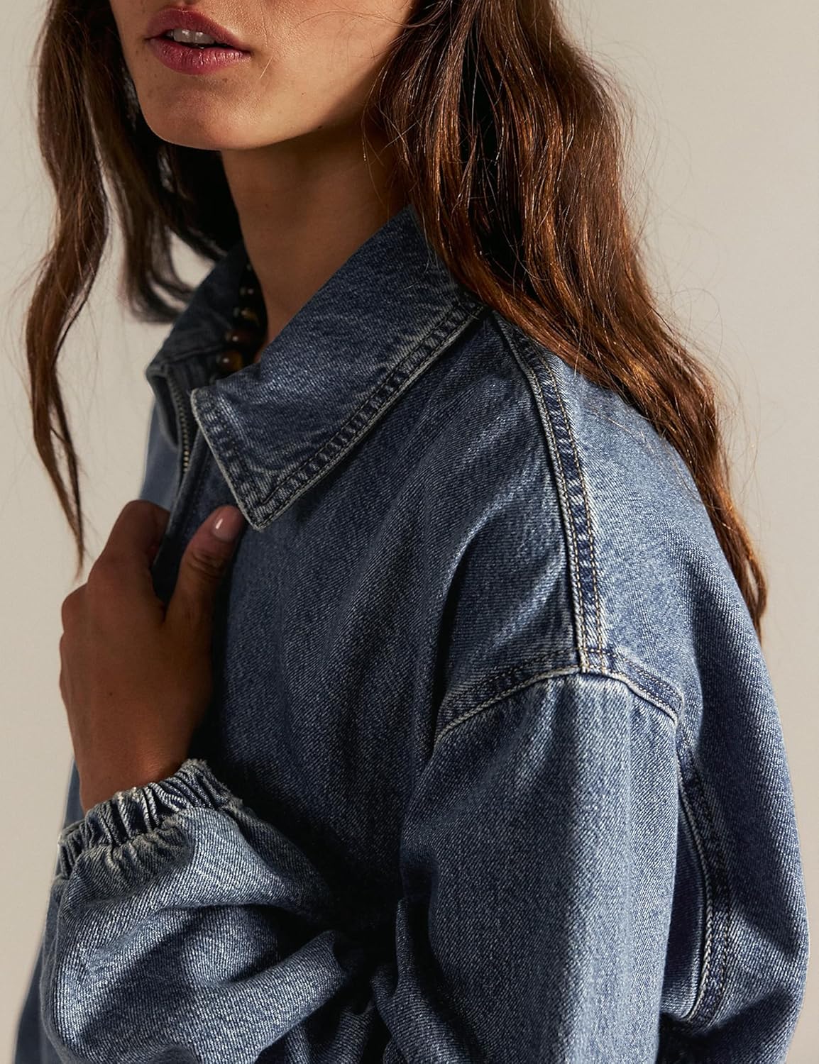 Womens Denim Jackets Long Sleeve Zip Up Elastic Hem Classic Loose Jean Bomber Jacket Outfit - Image 6