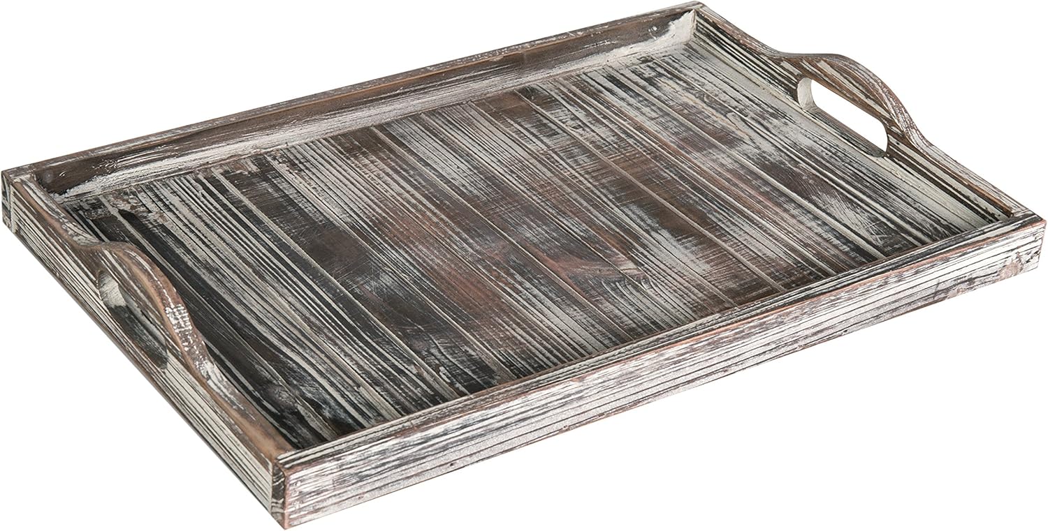 MyGift Rustic Torched Solid Wood Large Serving Tray with Cutout Handles with Slatted Design, Breakfast Ottoman Coffee Table Tray, 16 x 11 Inches