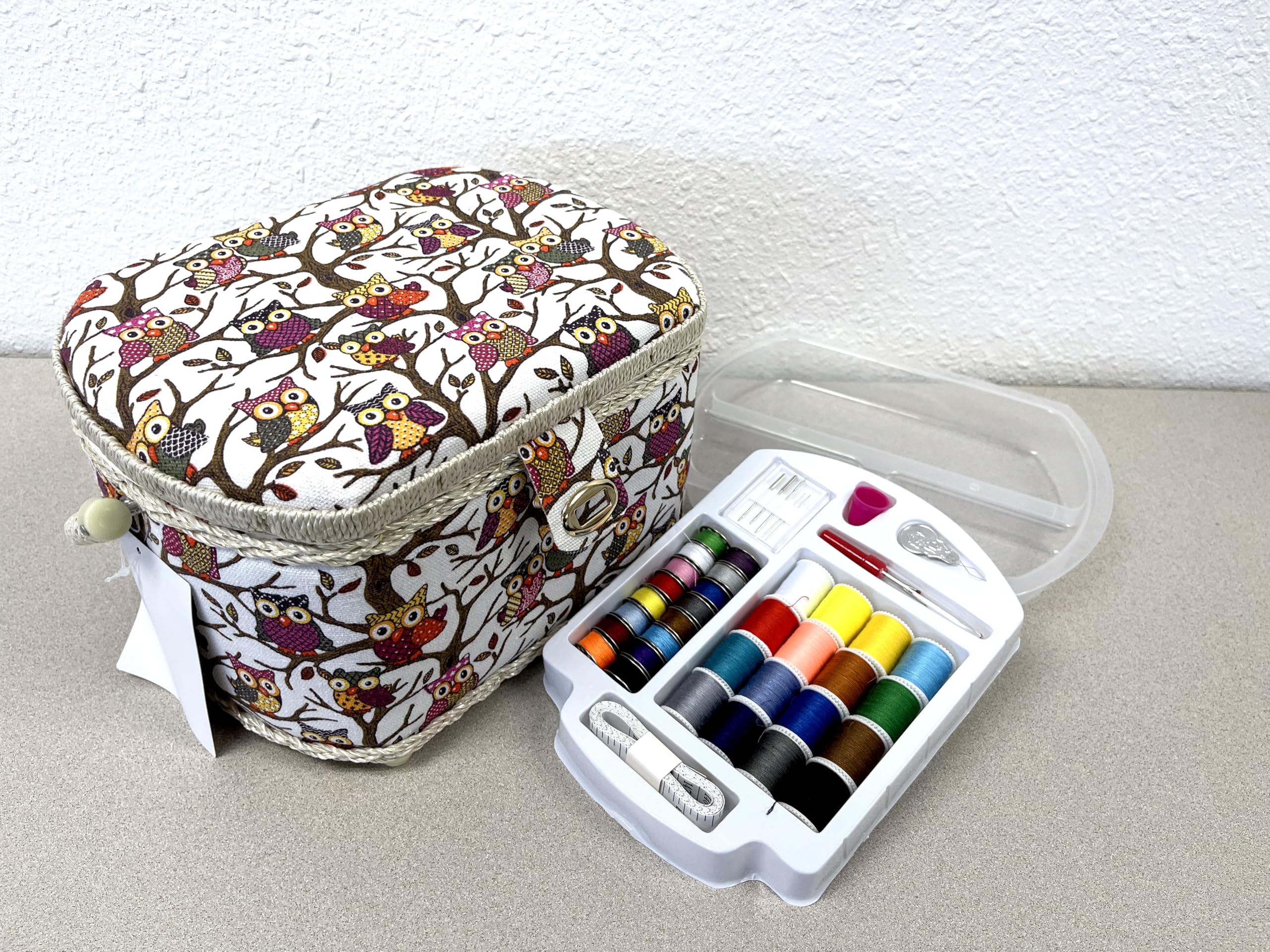 Michley Duży kosz do szycia z motywem sowy premium z 41-częściowym zestawem do szycia, 26 x 20 x 17 cm
