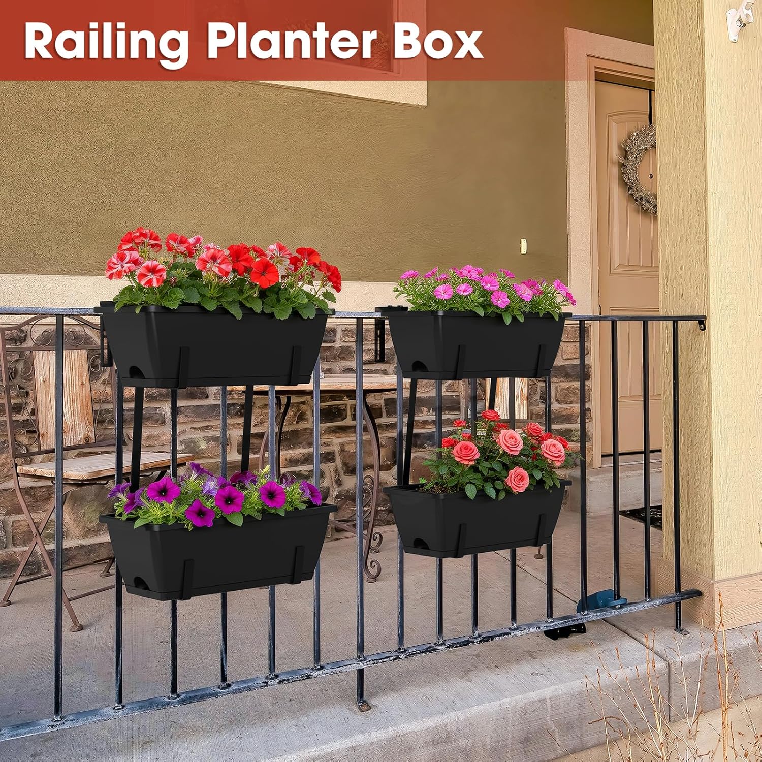 Rectangle Planters Box, 4 Pack Deck Hanging Planters for Railings, Window Box Planter with Drainage Holes & Trays, 16.9 Inch Balcony Planters Railing Hanging with Metal Brackets, Black Green (Black)