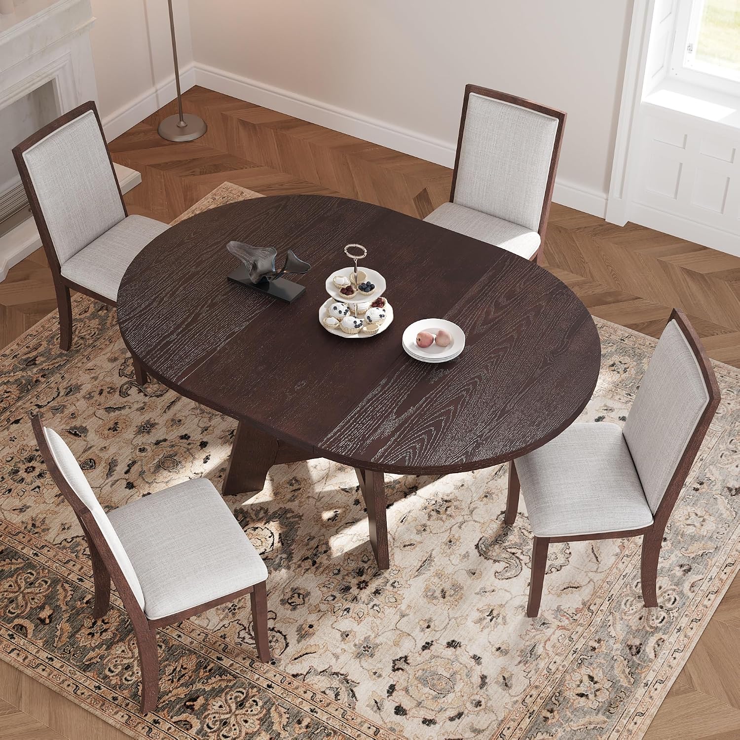 Merax Farmhouse 5-Piece Extendable Round Dining Table Set for 4, 42in-60in Expandable Kitchen Oval Table with Removable Leaf & 4 Upholstered Dinner Chairs for Small Spaces, Espresso+Light-Grey