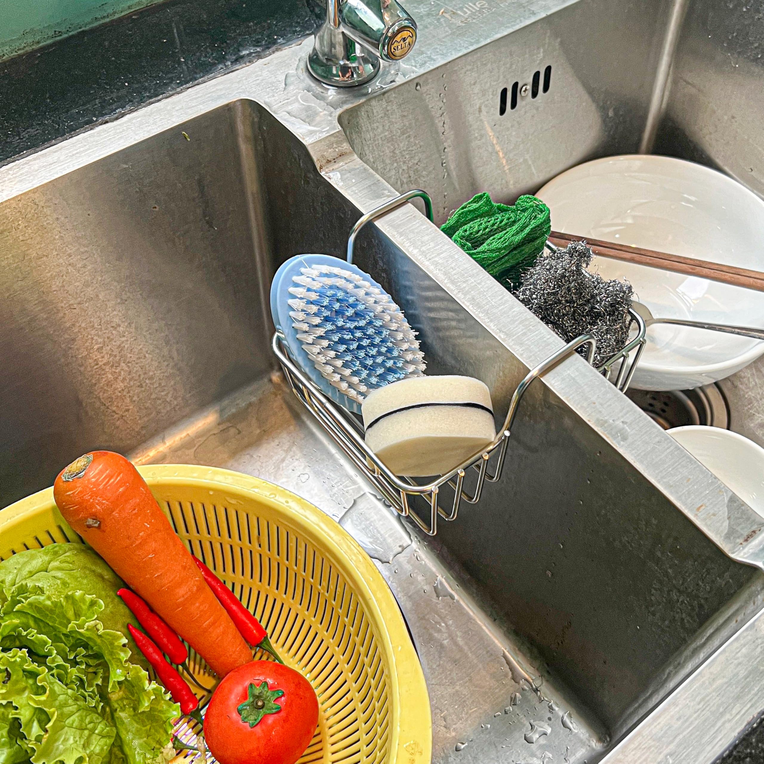 Organizador de fregadero de acero inoxidable, soporte de esponja inoxidable para cocina, organizador de sillín colgante para jabón y cepillos, ideal para lavar platos y secar, 1.9 pulgadas