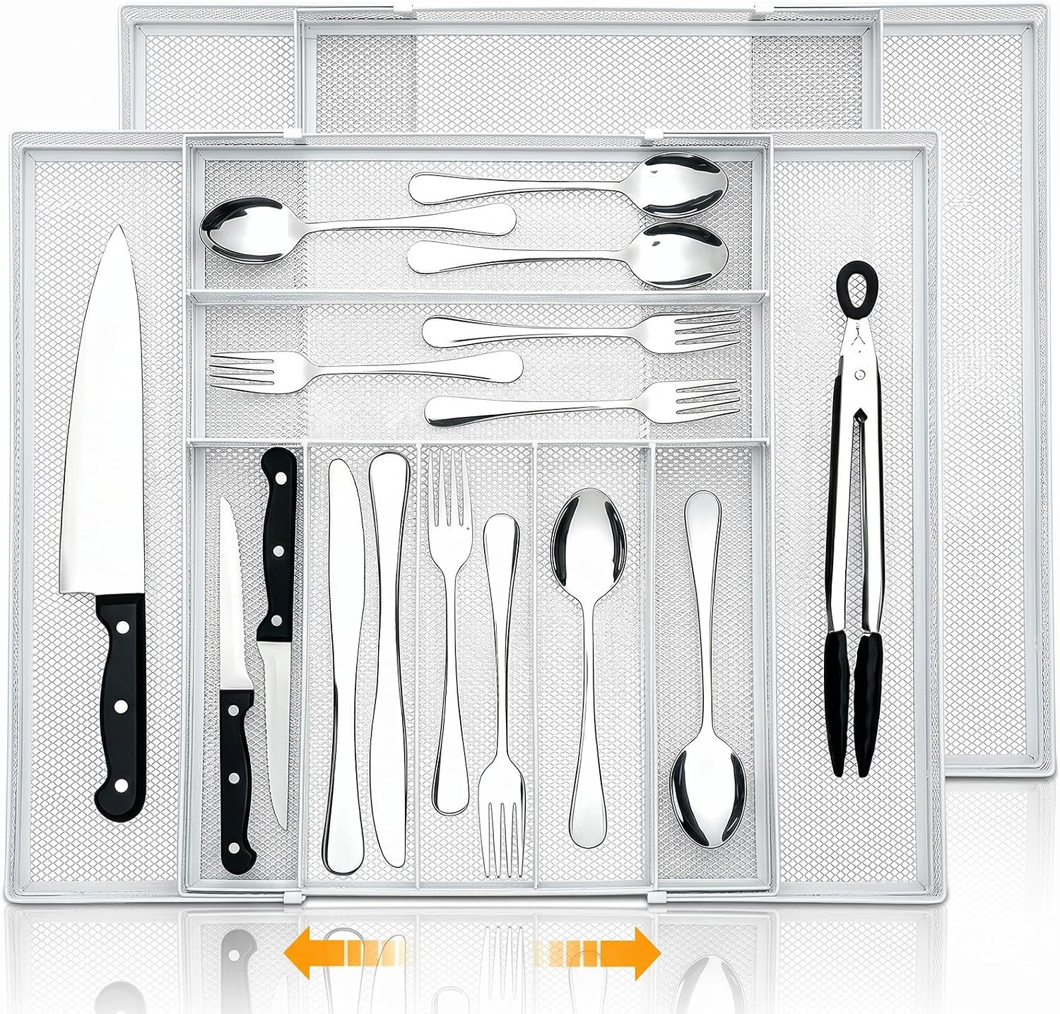 2 Pcs Utensil Drawer Silverware Organizer, Metal Mesh Expandable 13" 24" Kitchen Drawer Organizer, 7-9 Slots Cutlery Tray Dividers for Kitchen Flatware Christmas Housewarming Gift (White)