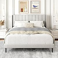 Vista 25 de Base de cama tamaño Queen con cabecera de cama tapizada con respaldo abatible, base de cama de plataforma de fácil montaje, soporte de listones
